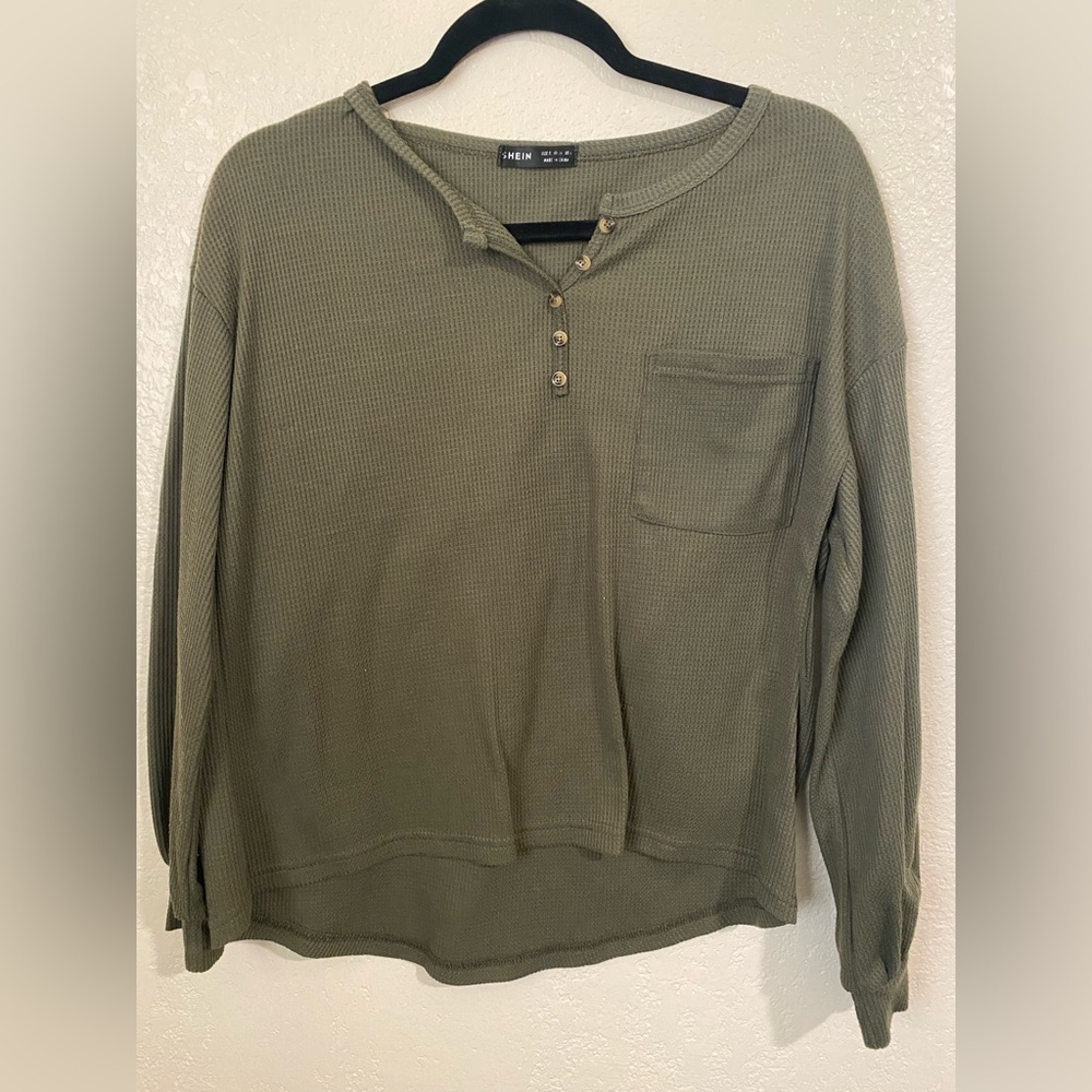 SHEIN Olive Green Waffle Knit Henley Long Sleeve Top